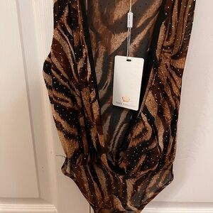 Animal Print Deep V Bodysuit with Rhinestones